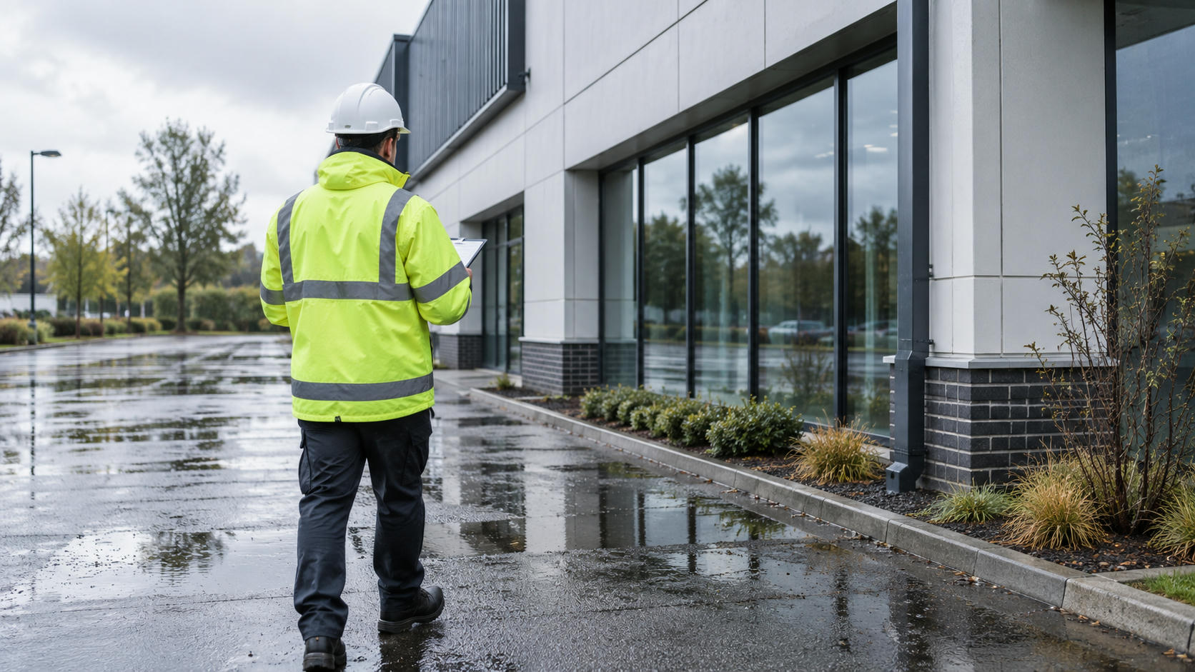 Synthetic editorial illustration. An anonymous insurance surveyor seen from behind inspecting a rain-soaked commercial building exterior after normal heavy rain, reflective puddles and credible architecture, no disaster dramatisation.