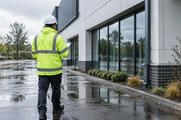 Synthetic editorial illustration. An anonymous insurance surveyor seen from behind inspecting a rain-soaked commercial building exterior after normal heavy rain, reflective puddles and credible architecture, no disaster dramatisation.