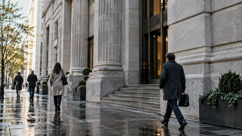 Synthetic editorial illustration. A sober anonymous institutional financial building at street level after rain, a few small pedestrians and real stone textures, balanced morning light, no flags, names or recognizable landmark.