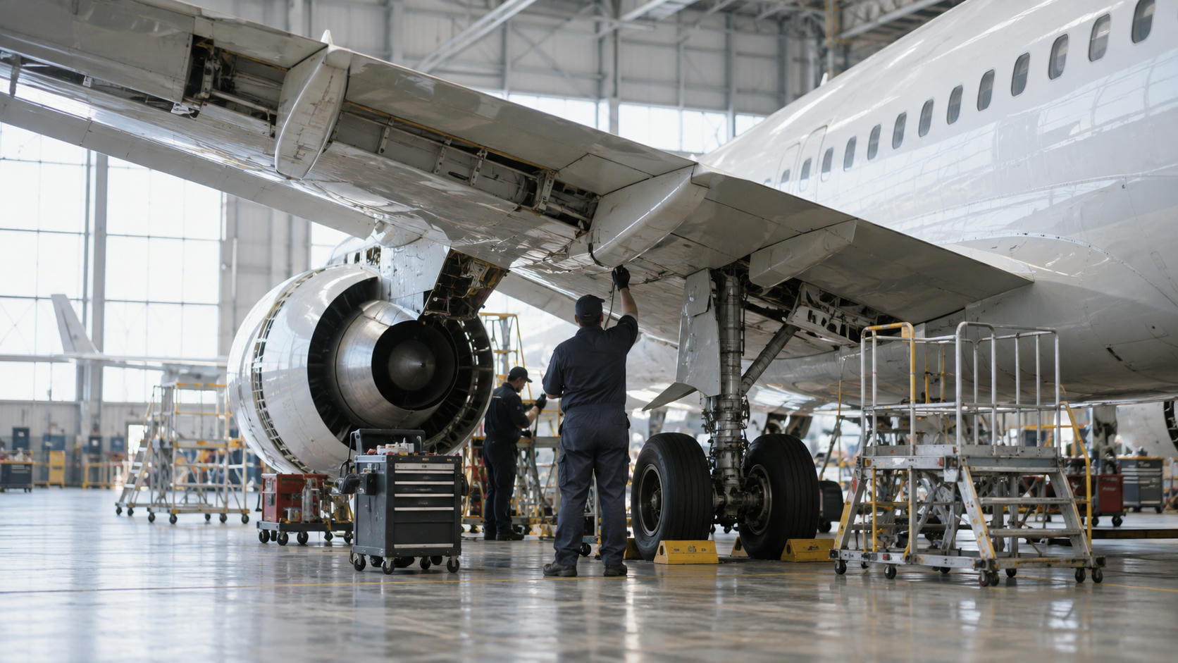 Synthetic editorial illustration. An anonymous aircraft maintenance hangar with a realistic unmarked narrow-body passenger aircraft and small mechanics seen from behind beneath the wing, industrial scale and diffuse daylight.
