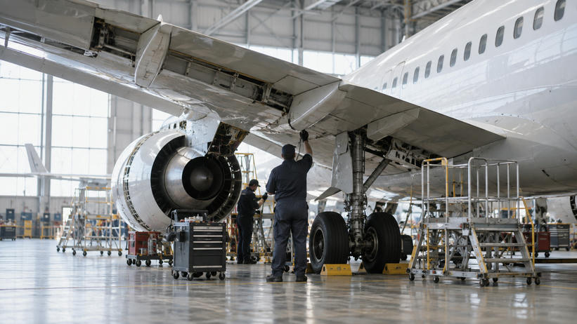 Synthetic editorial illustration. An anonymous aircraft maintenance hangar with a realistic unmarked narrow-body passenger aircraft and small mechanics seen from behind beneath the wing, industrial scale and diffuse daylight.