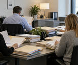 Synthetic editorial illustration. An ordinary commercial bank back-office credit team reviewing paper folders around a desk, anonymous people seen from behind, credible office interior and no readable forms or computer displays.