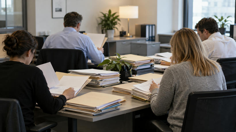 Synthetic editorial illustration. An ordinary commercial bank back-office credit team reviewing paper folders around a desk, anonymous people seen from behind, credible office interior and no readable forms or computer displays.