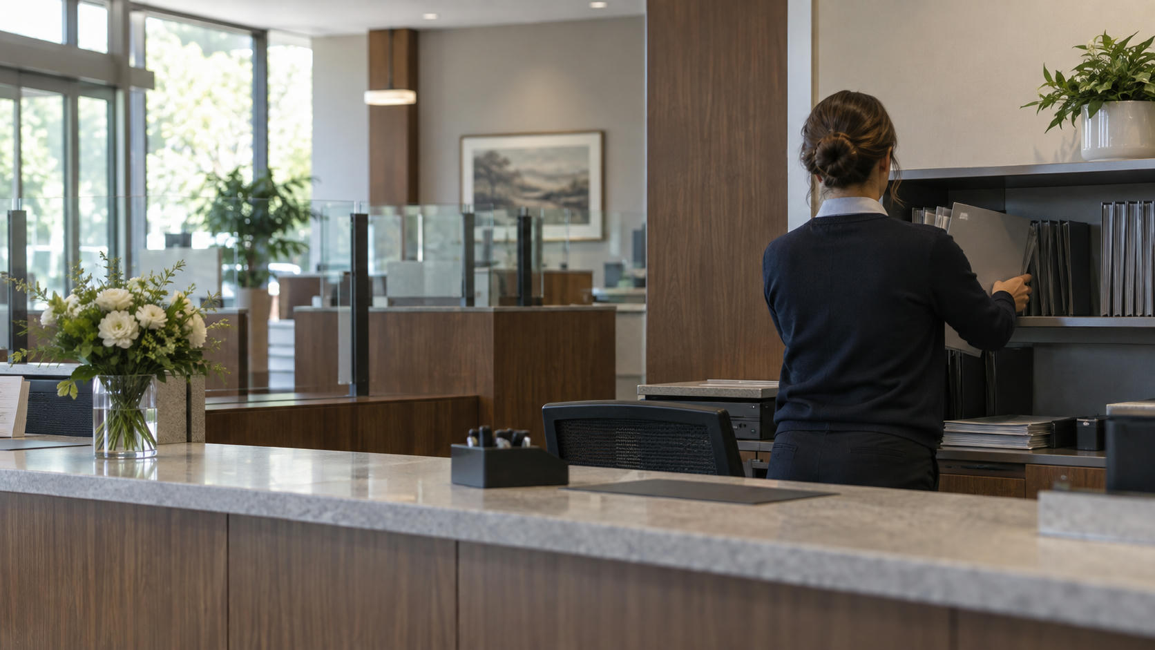 Synthetic editorial illustration. An anonymous bank branch interior at opening time with a staff member seen from behind organizing plain closed folders behind a modest counter, reassuring ordinary architecture, no coins or miniature vault.