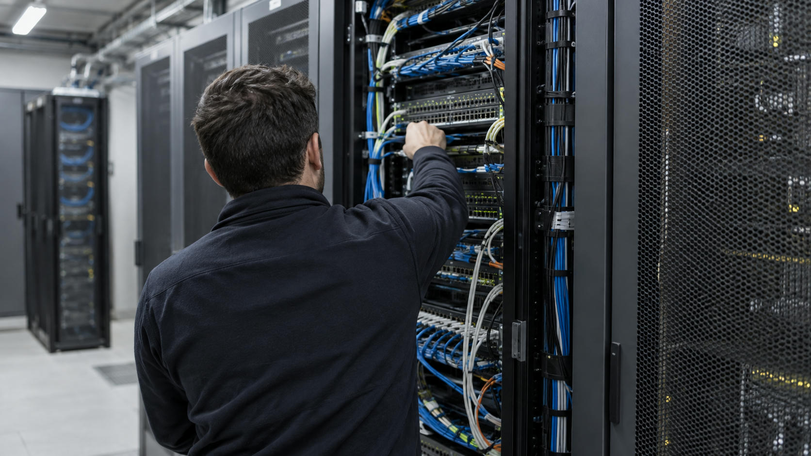 Synthetic editorial illustration. An anonymous information-security technician seen from behind inspecting physical network connections in a restrained operational server room, real cabling and secure cabinet hardware, no crisis or hacker symbolism.