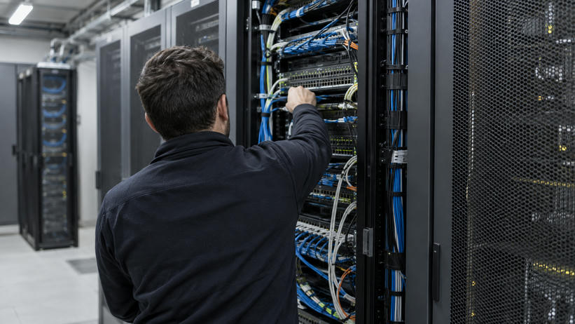 Synthetic editorial illustration. An anonymous information-security technician seen from behind inspecting physical network connections in a restrained operational server room, real cabling and secure cabinet hardware, no crisis or hacker symbolism.