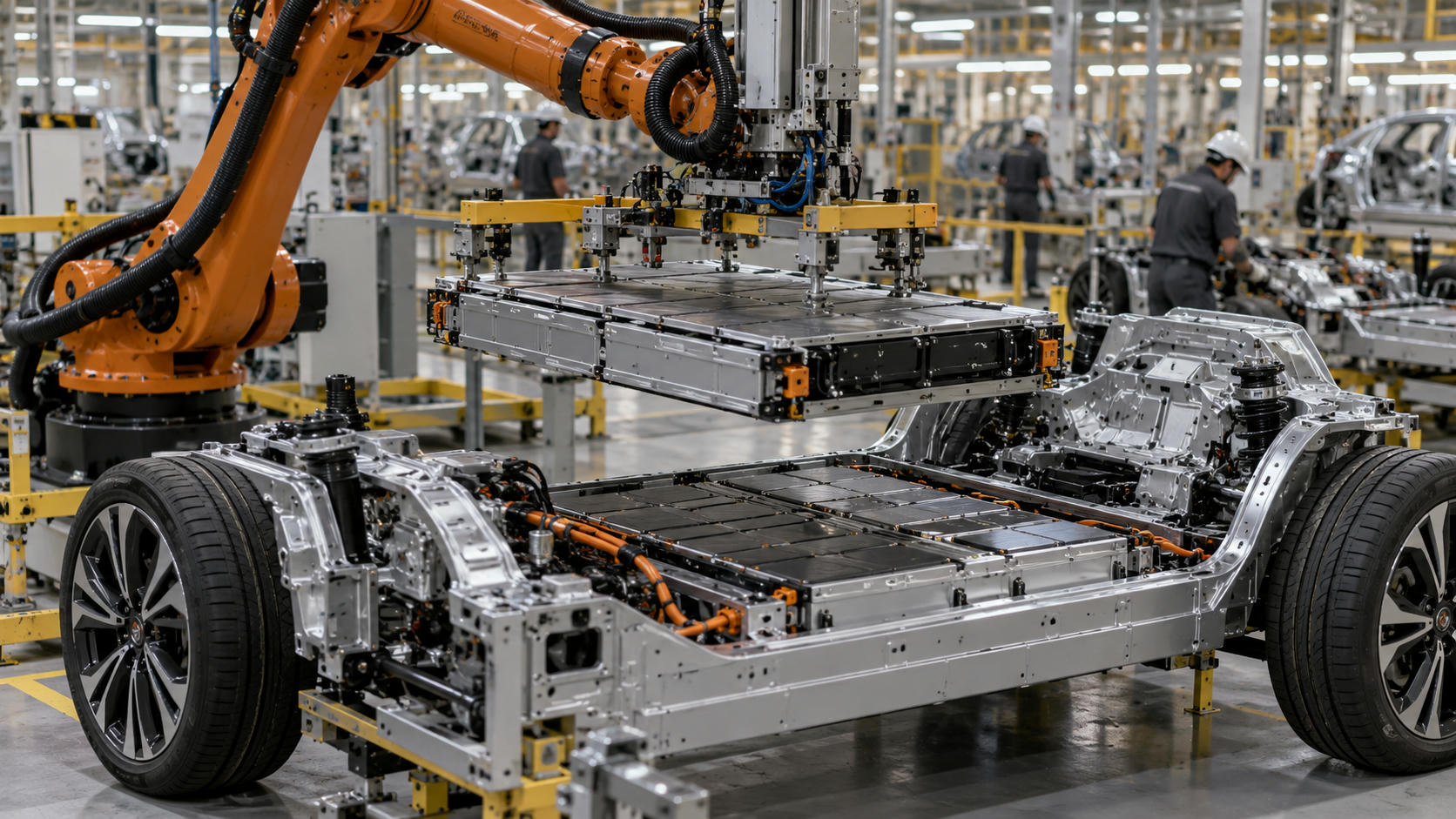Synthetic editorial illustration. A practical electric-vehicle assembly station with unbranded vehicle chassis and credible battery modules being installed by robotic equipment, small workers in the background, no branding.