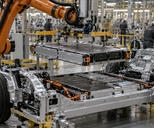 Synthetic editorial illustration. A practical electric-vehicle assembly station with unbranded vehicle chassis and credible battery modules being installed by robotic equipment, small workers in the background, no branding.