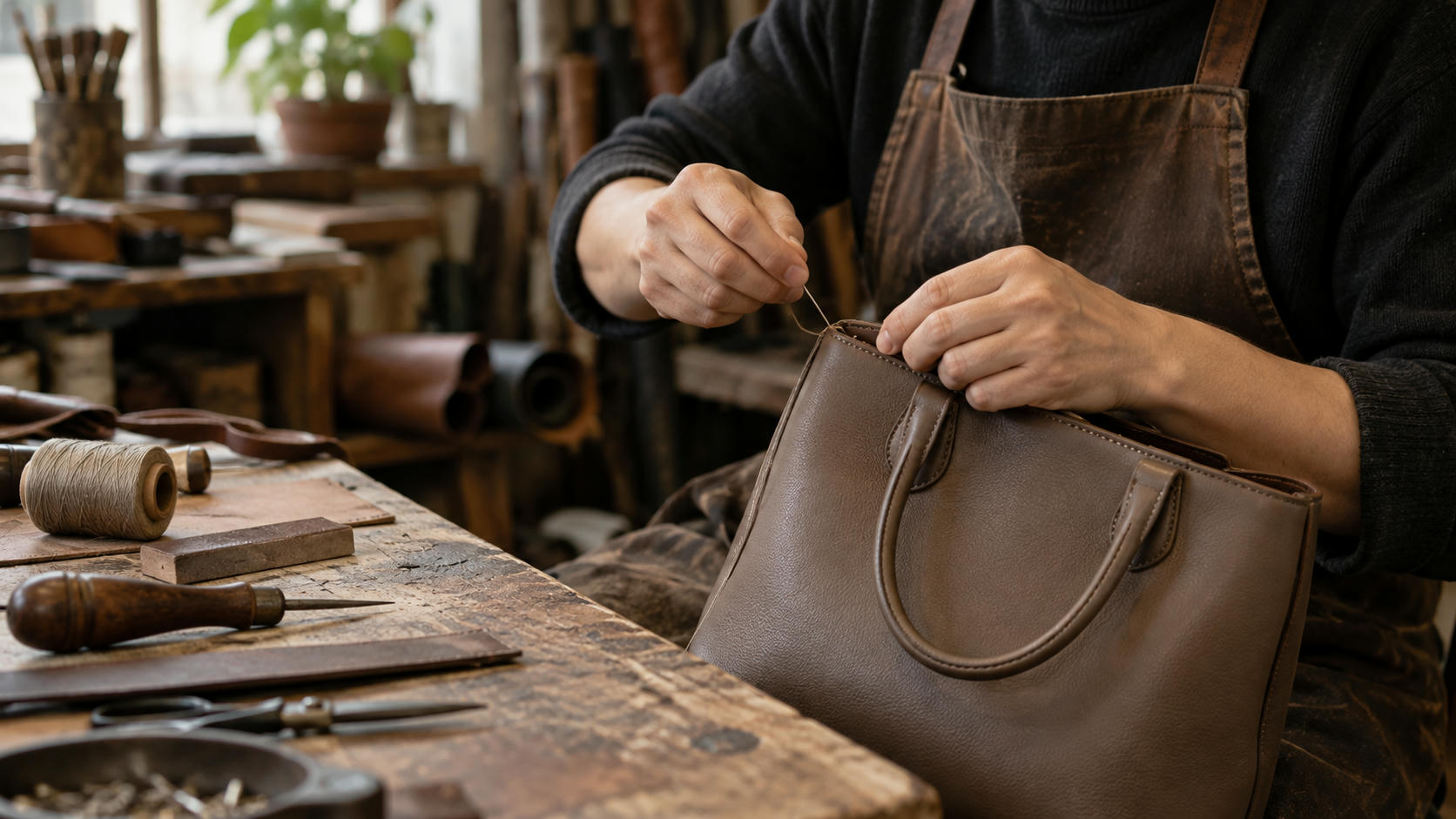 Synthetic editorial illustration. An anonymous leather artisan hand-stitching a restrained unbranded premium handbag in a real small workshop, hands and naturally worn bench in focus, no glossy product advertising.