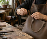 Synthetic editorial illustration. An anonymous leather artisan hand-stitching a restrained unbranded premium handbag in a real small workshop, hands and naturally worn bench in focus, no glossy product advertising.