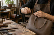 Synthetic editorial illustration. An anonymous leather artisan hand-stitching a restrained unbranded premium handbag in a real small workshop, hands and naturally worn bench in focus, no glossy product advertising.