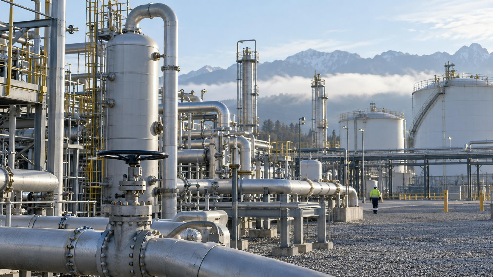 Synthetic editorial illustration. A working natural-gas processing plant with credible pipes, separators and storage vessels, a distant maintenance worker for scale, cool morning daylight, no smoke spectacle.