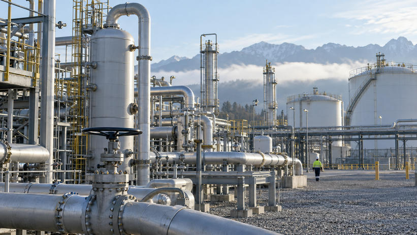 Synthetic editorial illustration. A working natural-gas processing plant with credible pipes, separators and storage vessels, a distant maintenance worker for scale, cool morning daylight, no smoke spectacle.