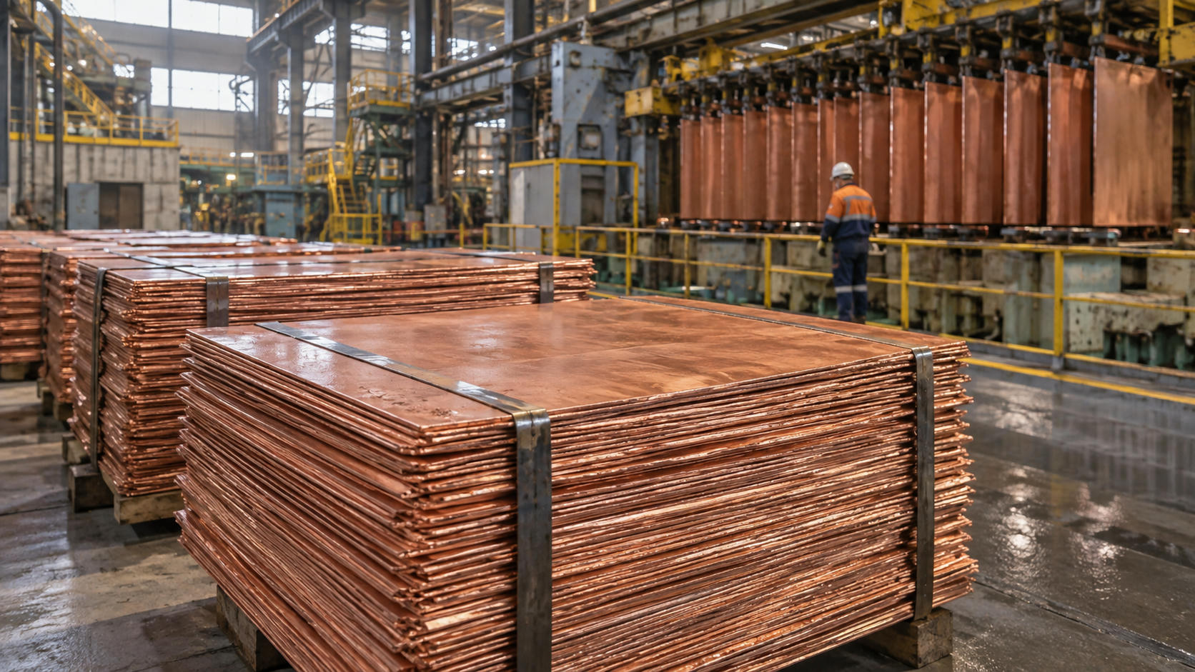 Synthetic editorial illustration. A copper processing facility with realistic thick copper cathode plates stacked in bundles and machinery deeper in the building, natural industrial light and tactile metal surfaces.