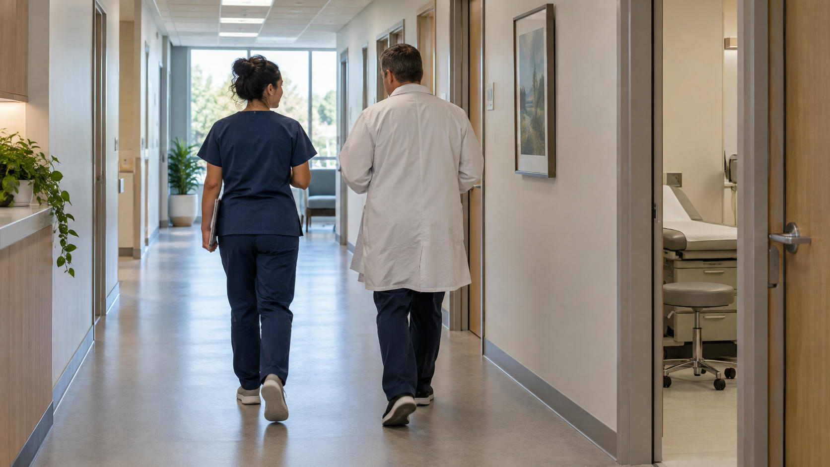 Synthetic editorial illustration. A quiet modern outpatient-care facility with two anonymous healthcare staff seen from behind walking down a functional corridor, practical consultation rooms and natural window light, no signs or patient faces.