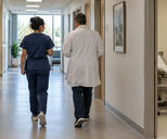 Synthetic editorial illustration. A quiet modern outpatient-care facility with two anonymous healthcare staff seen from behind walking down a functional corridor, practical consultation rooms and natural window light, no signs or patient faces.