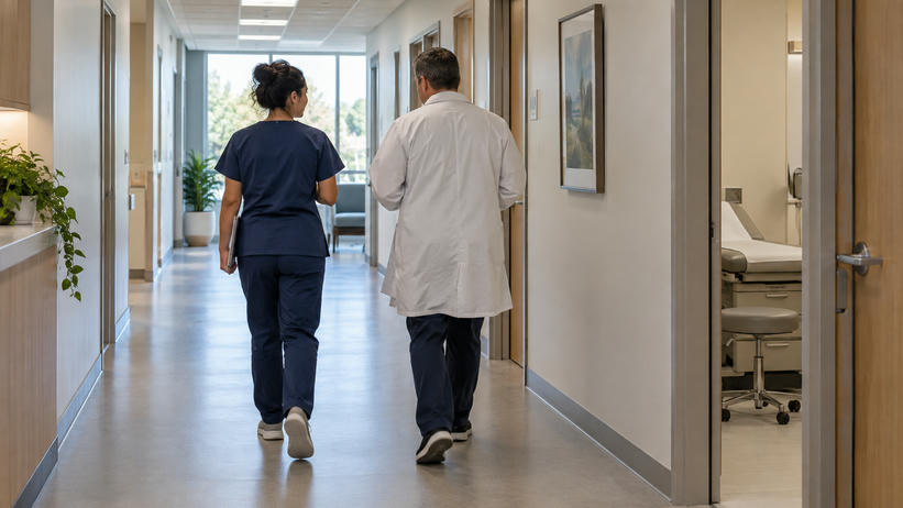 Synthetic editorial illustration. A quiet modern outpatient-care facility with two anonymous healthcare staff seen from behind walking down a functional corridor, practical consultation rooms and natural window light, no signs or patient faces.