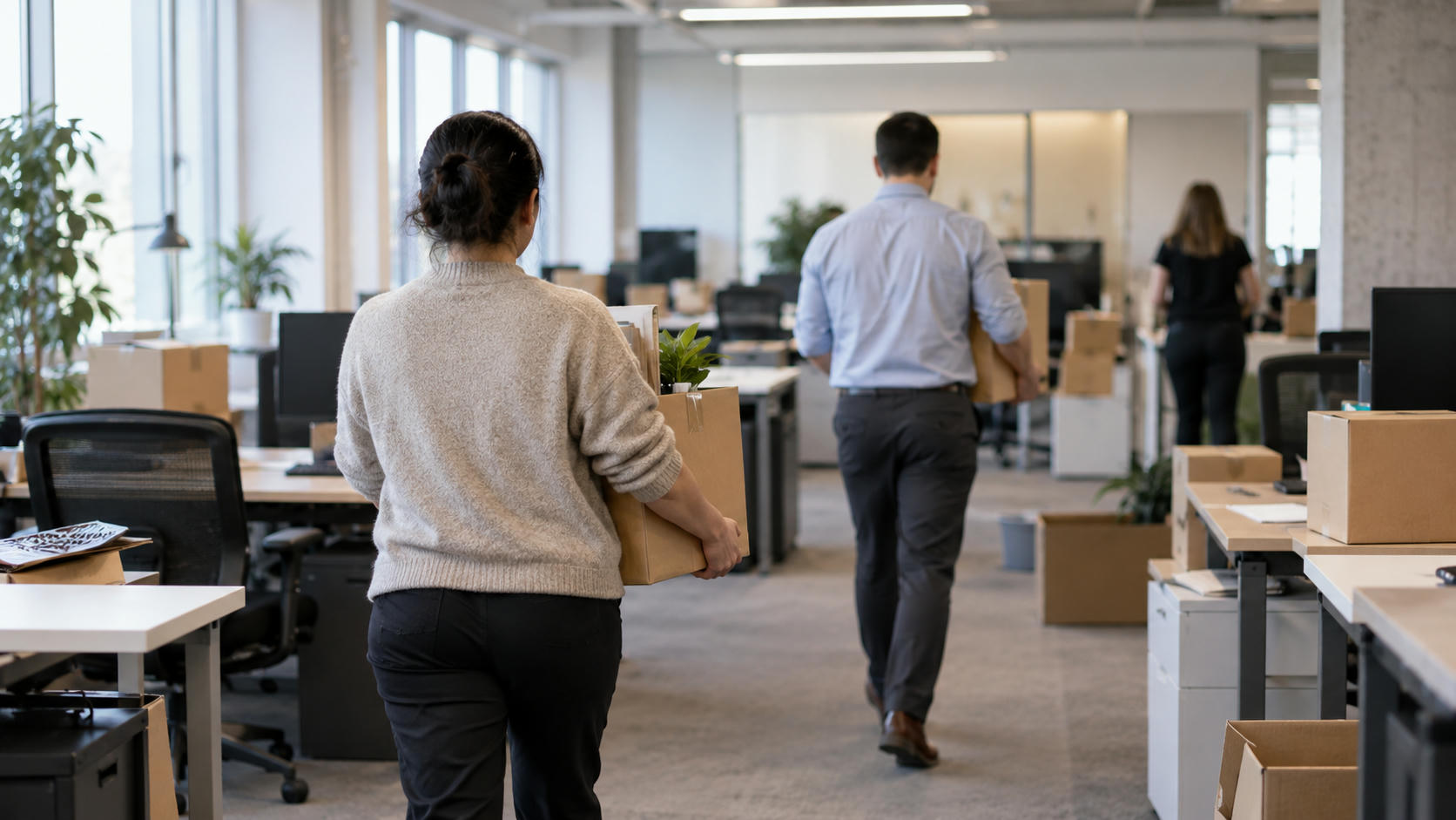 Synthetic editorial illustration. An ordinary office-floor relocation in progress, anonymous staff seen from behind carrying plain archive boxes between desks, calm workaday atmosphere and real office architecture, no dramatised layoffs.