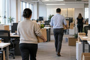 Synthetic editorial illustration. An ordinary office-floor relocation in progress, anonymous staff seen from behind carrying plain archive boxes between desks, calm workaday atmosphere and real office architecture, no dramatised layoffs.