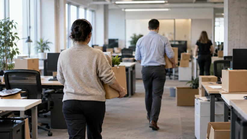 Synthetic editorial illustration. An ordinary office-floor relocation in progress, anonymous staff seen from behind carrying plain archive boxes between desks, calm workaday atmosphere and real office architecture, no dramatised layoffs.