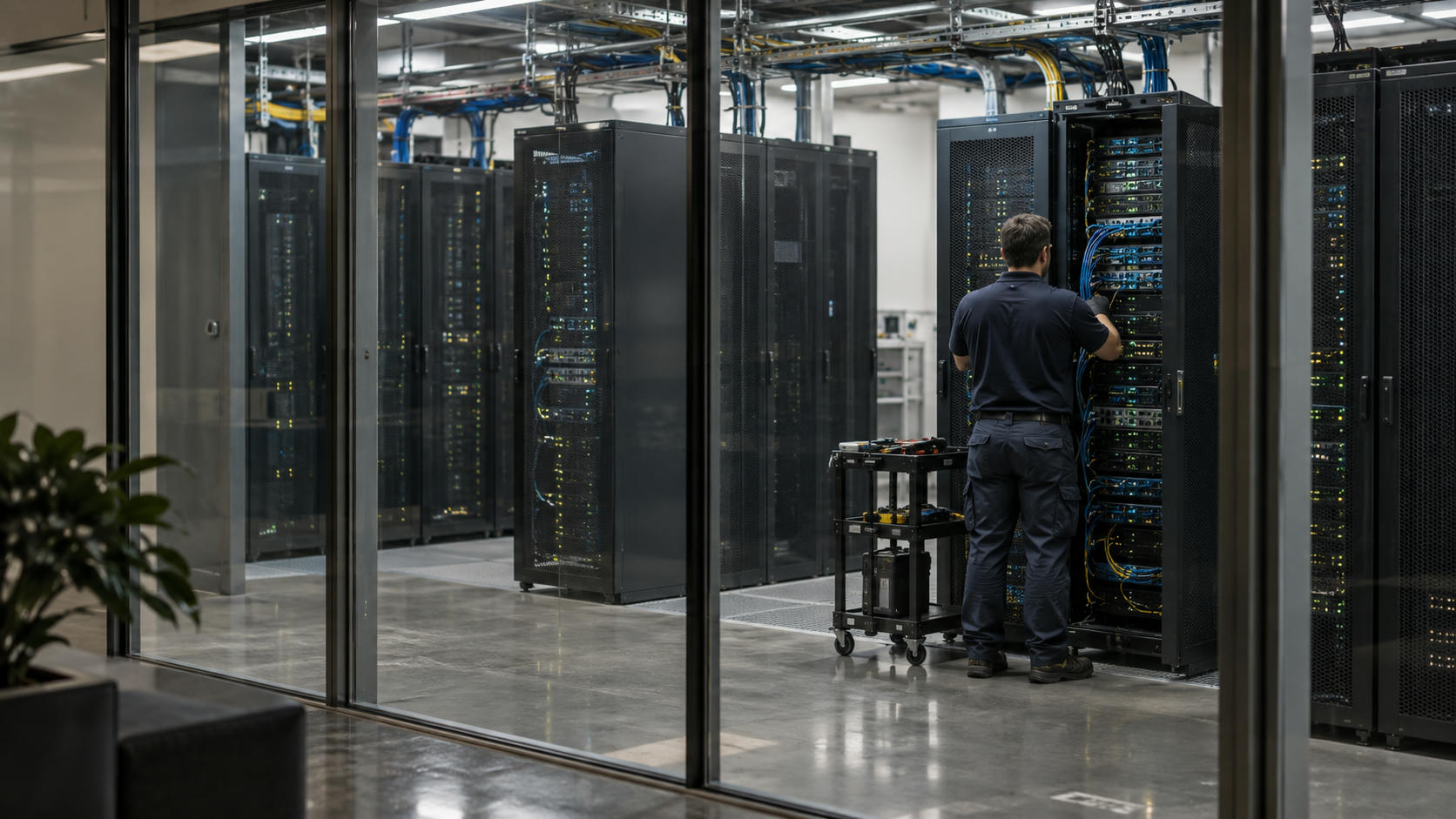 Synthetic editorial illustration. An anonymous secure institutional data facility with realistic metal server cabinets behind a glass partition and a small maintenance technician seen from behind, practical cabling and calm lighting.