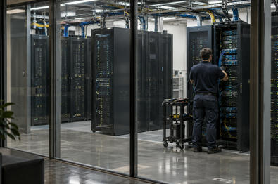 Synthetic editorial illustration. An anonymous secure institutional data facility with realistic metal server cabinets behind a glass partition and a small maintenance technician seen from behind, practical cabling and calm lighting.