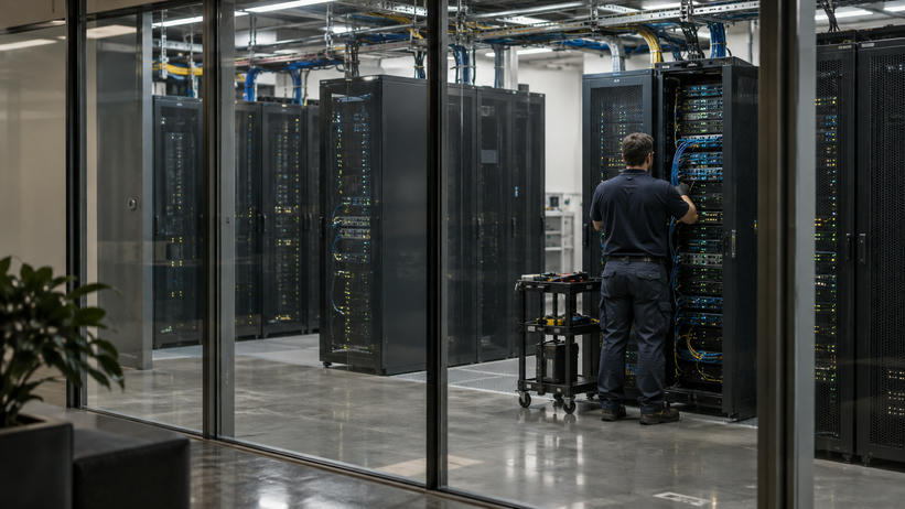 Synthetic editorial illustration. An anonymous secure institutional data facility with realistic metal server cabinets behind a glass partition and a small maintenance technician seen from behind, practical cabling and calm lighting.
