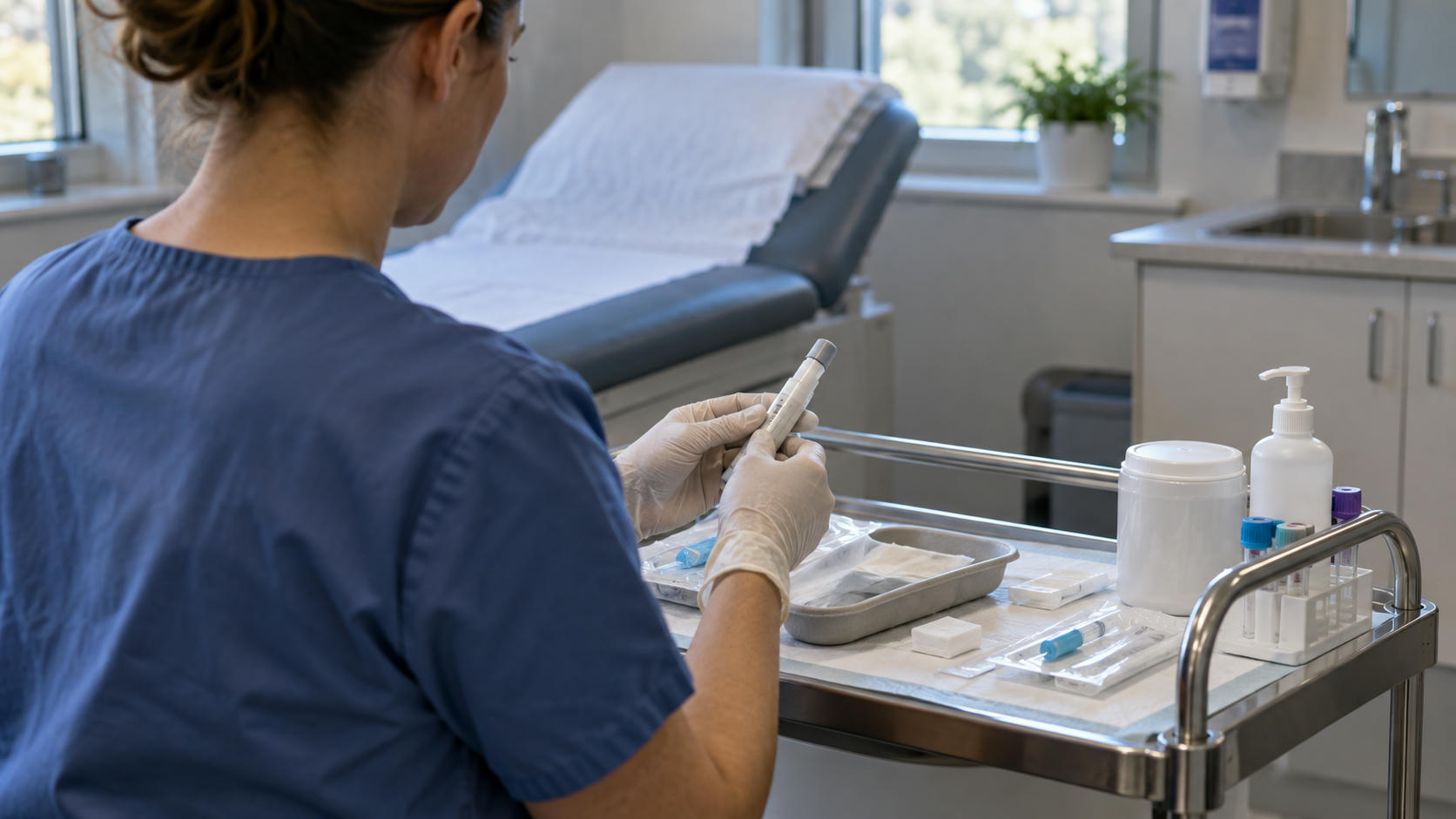Synthetic editorial illustration. A calm anonymous clinical-research examination room, clinician seen from behind preparing a plain medication injector and sealed sample supplies on a practical trolley; no patient face, labels or treatment claim.
