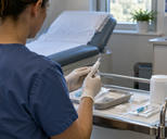 Synthetic editorial illustration. A calm anonymous clinical-research examination room, clinician seen from behind preparing a plain medication injector and sealed sample supplies on a practical trolley; no patient face, labels or treatment claim.