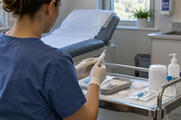 Synthetic editorial illustration. A calm anonymous clinical-research examination room, clinician seen from behind preparing a plain medication injector and sealed sample supplies on a practical trolley; no patient face, labels or treatment claim.
