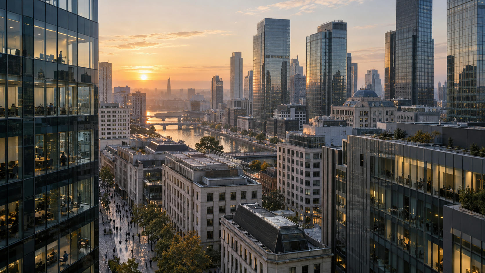 Synthetic editorial illustration. An elevated documentary view of a generic international financial district at dawn with several architectural styles, commuters small at street level, neutral glass buildings and no recognizable landmark.