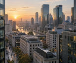 Synthetic editorial illustration. An elevated documentary view of a generic international financial district at dawn with several architectural styles, commuters small at street level, neutral glass buildings and no recognizable landmark.