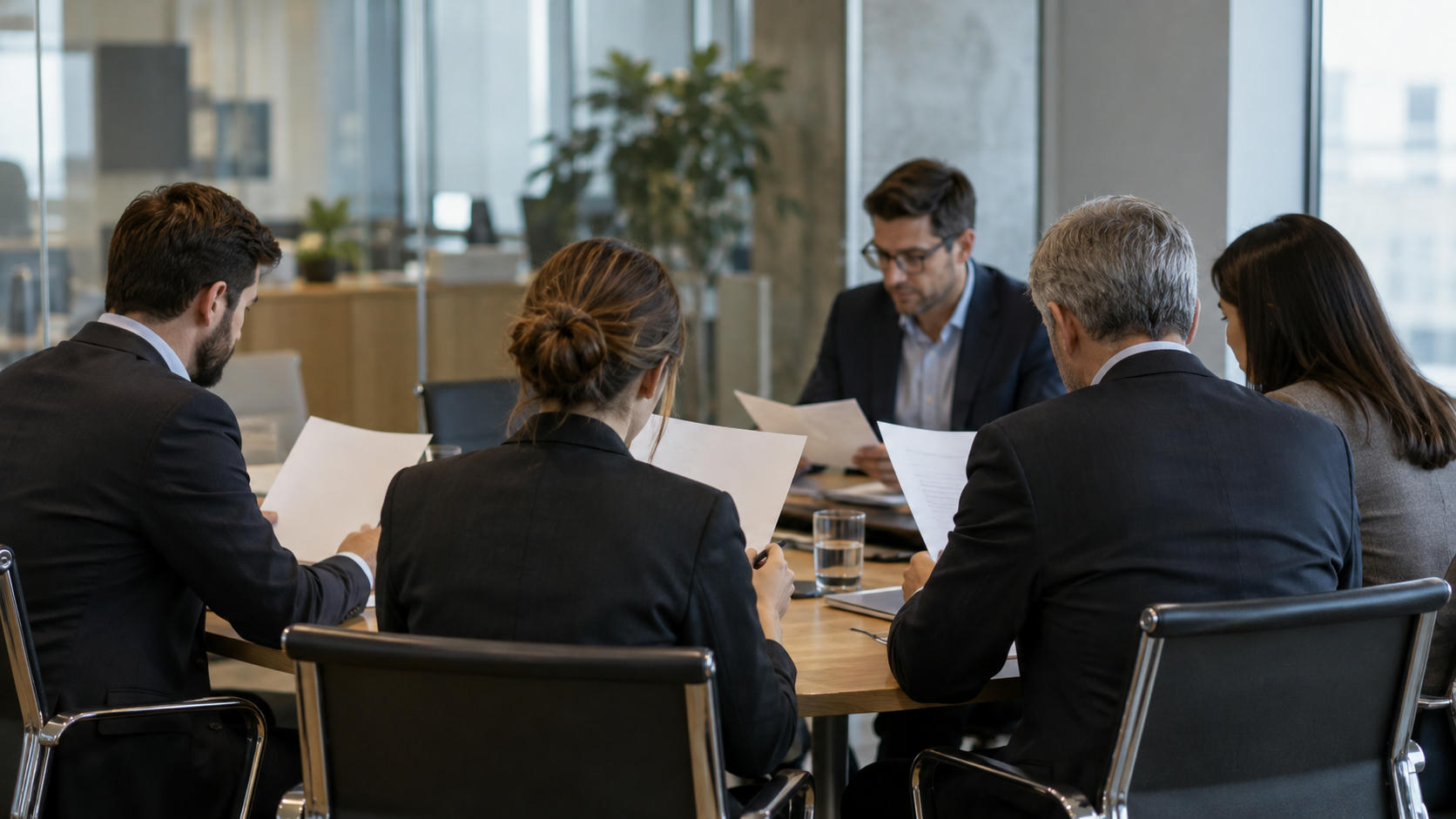 Synthetic editorial illustration. An anonymous corporate investor-relations meeting in a modest glass office, several colleagues seen obliquely from behind reviewing blank-backed report pages, real office depth and no visible monitors or charts.