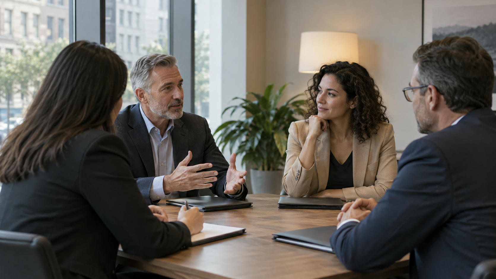 Synthetic editorial illustration. Anonymous business representatives in a modest bank meeting room overlooking a city street, natural discussion across a practical table with closed folders, no logos or staged deal handshake.