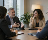 Synthetic editorial illustration. Anonymous business representatives in a modest bank meeting room overlooking a city street, natural discussion across a practical table with closed folders, no logos or staged deal handshake.