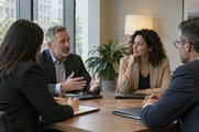 Synthetic editorial illustration. Anonymous business representatives in a modest bank meeting room overlooking a city street, natural discussion across a practical table with closed folders, no logos or staged deal handshake.