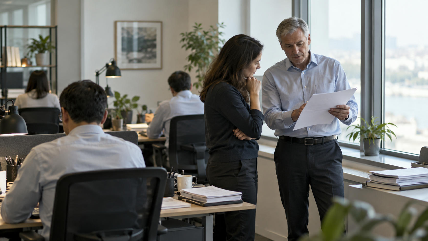 Synthetic editorial illustration. Anonymous financial analysts in a modest open-plan research office, a senior colleague discussing blank-backed paper reports beside a window, other workstations turned away, calm natural light.