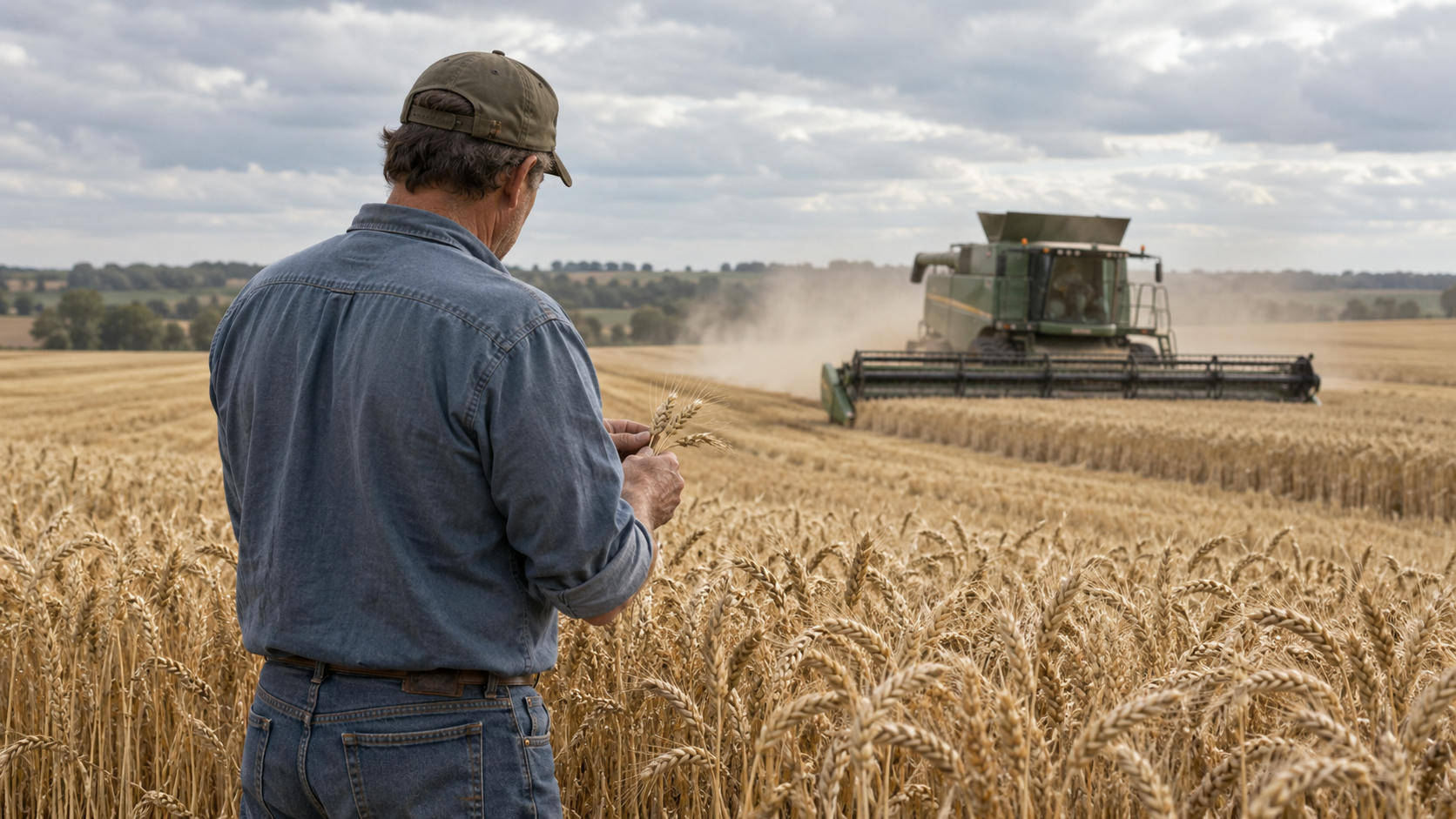 Synthetic editorial illustration. A farmer seen from behind inspecting mature wheat at the edge of a working field while a realistic unbranded combine harvests in the distance, overcast natural daylight, no staged tabletop crops.