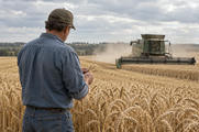 Synthetic editorial illustration. A farmer seen from behind inspecting mature wheat at the edge of a working field while a realistic unbranded combine harvests in the distance, overcast natural daylight, no staged tabletop crops.