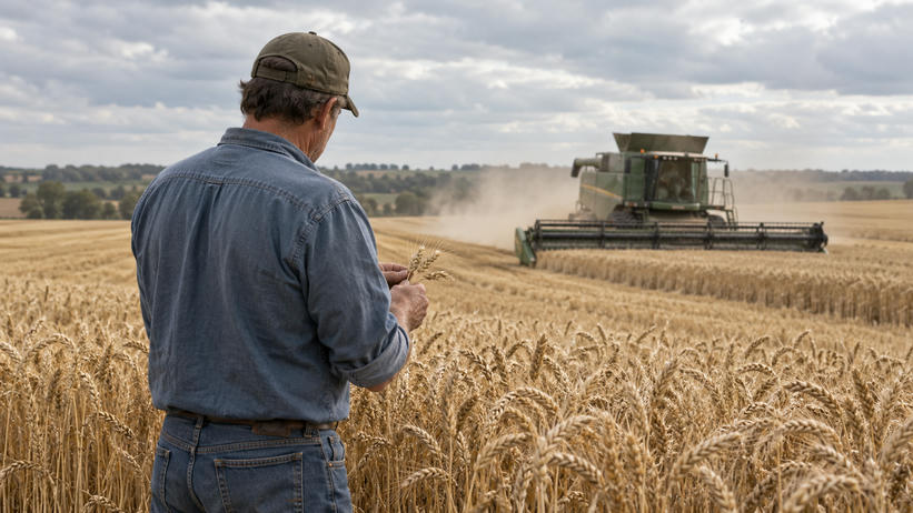 Synthetic editorial illustration. A farmer seen from behind inspecting mature wheat at the edge of a working field while a realistic unbranded combine harvests in the distance, overcast natural daylight, no staged tabletop crops.